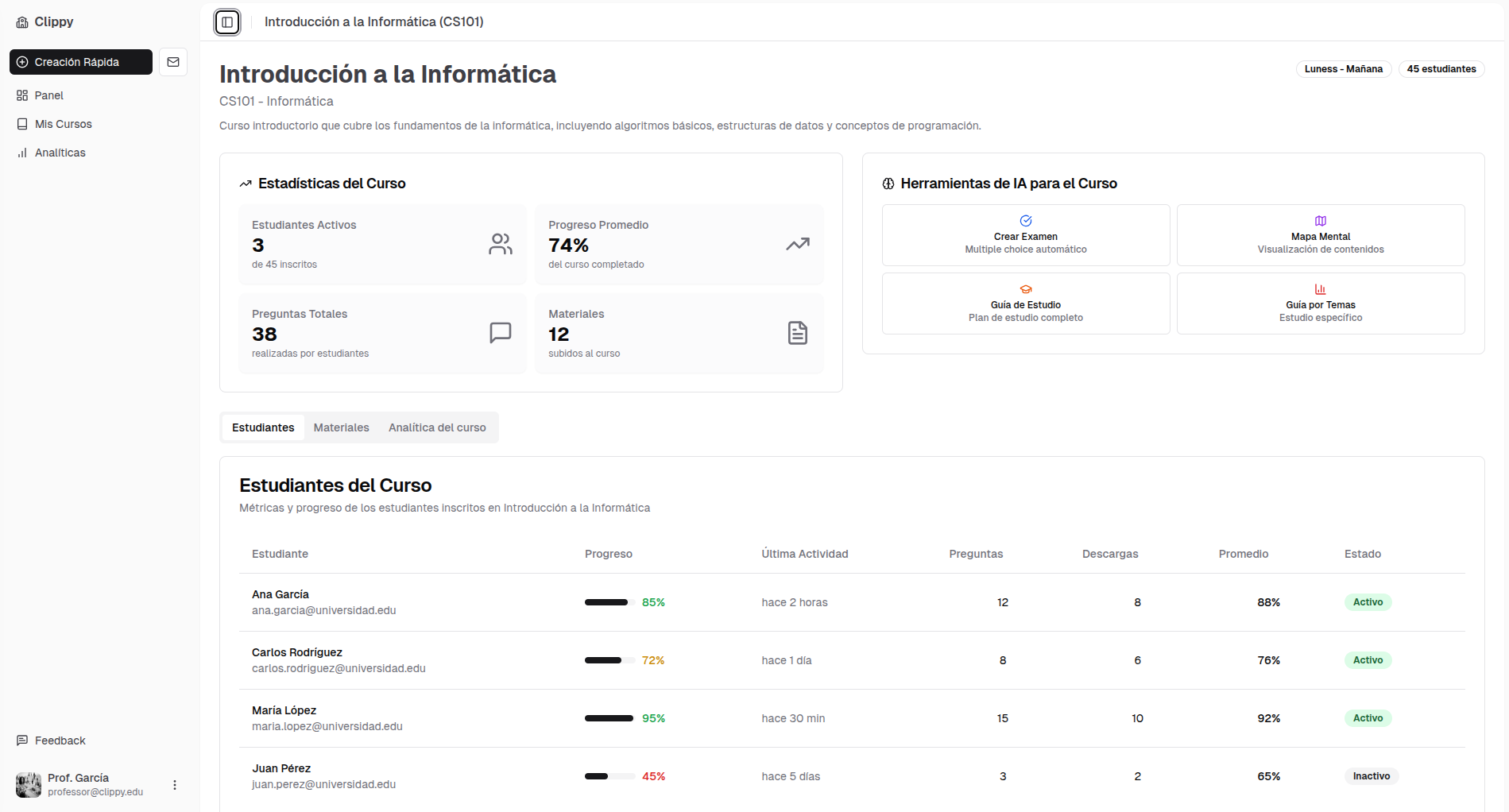 Professor dashboard showing course statistics, student progress, and AI tools for Introducción a la Informática course
