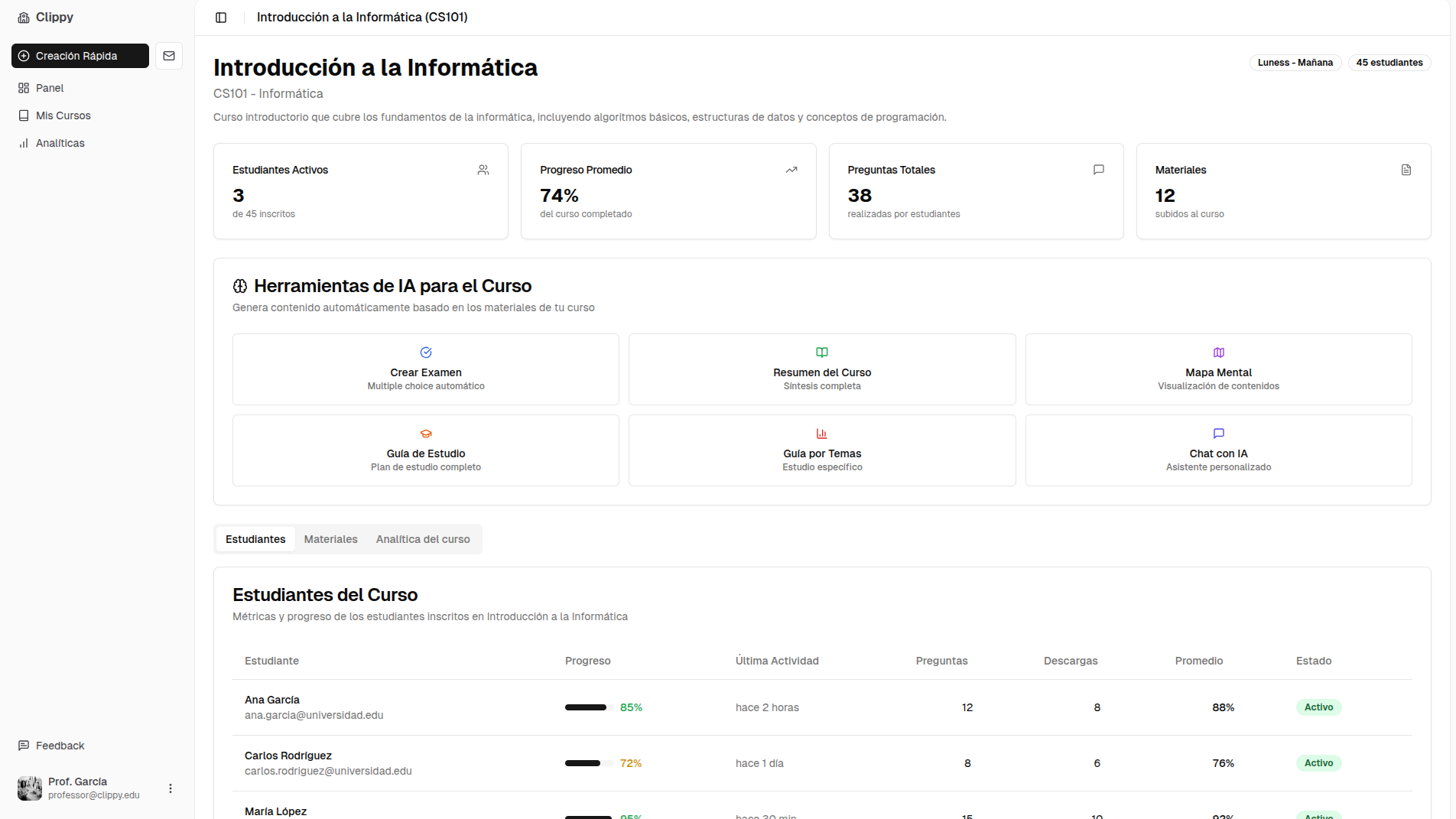 Clippy educational dashboard showing course analytics and AI tools